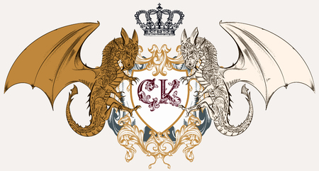 Illustration with heraldic coat of arms, crest and dragons ideal for logotype designのイラスト素材