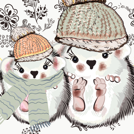 Cute illustration with doodles and pretty hedgehog. Vector illustrationのイラスト素材