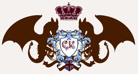 Illustration with heraldic coat of arms, crest and dragons ideal for logotypesのイラスト素材