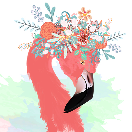 Fashion vector illustration with drawn pink flamingo.のイラスト素材