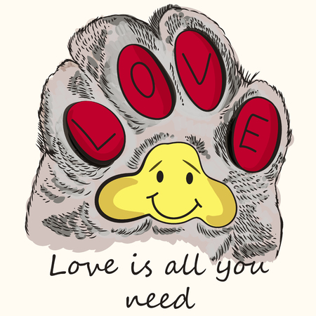 Fashion T-shirt print with cat's paw. Love is all you need textのイラスト素材