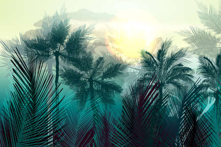 Tropical vector jungle landscape with palm trees and leafs. Morning green lightのイラスト素材