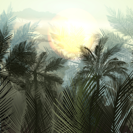 Jungle palms and tropical plants. Vector gradient landscapeのイラスト素材