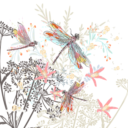 Fashion vector illustration with flowers and dragonflyのイラスト素材