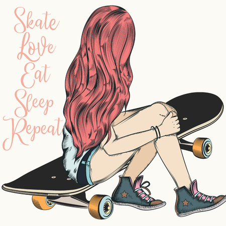 Beautiful teenager girl with pink hair sit on a skateboard. Fashion illustrationのイラスト素材