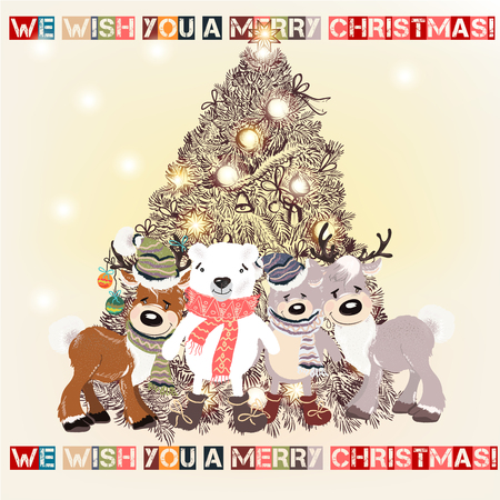 Christmas or New Year greeting card with hand drawn decorated Xmas tree and plush pretty toysのイラスト素材