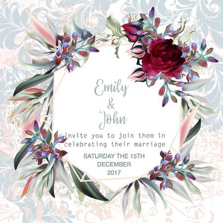 Beautiful wedding invitation card or save the date with roses, swirls, leafs and tropical plantsのイラスト素材