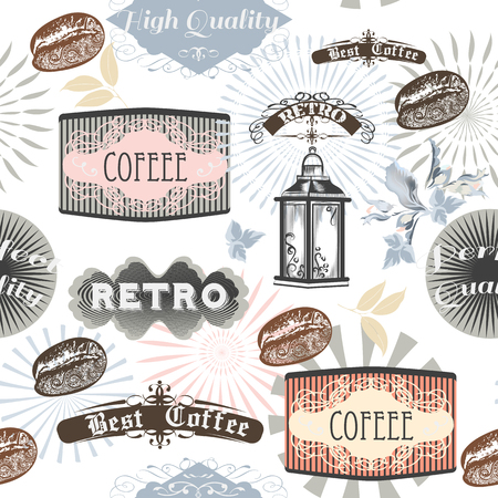 Coffee vector pattern with labels and grains, sunburst for designのイラスト素材