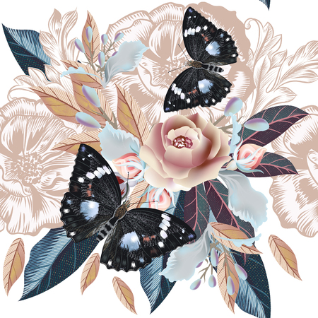 Vintage hand drawn pattern with detailed flowers and butterfliesのイラスト素材