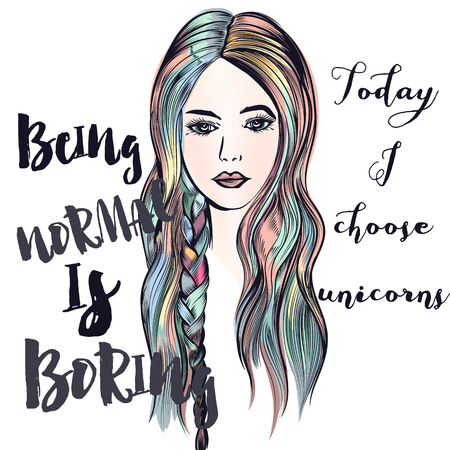Fashion illustration with beautiful colorful haired girl. Being normal is boringのイラスト素材