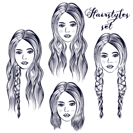 Fashion illustration with young woman, different hairstylesのイラスト素材