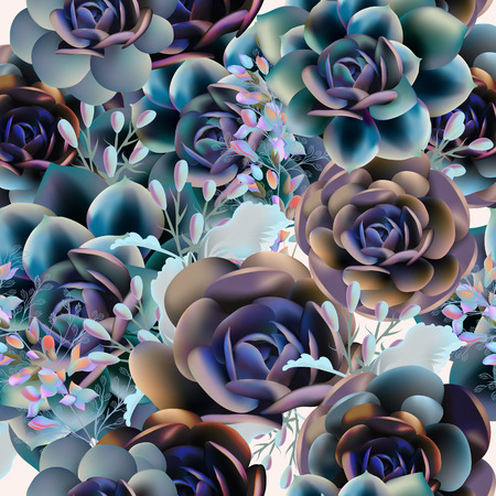 Fashion vector pattern with succulent plants and blue flowers in realistic styleのイラスト素材