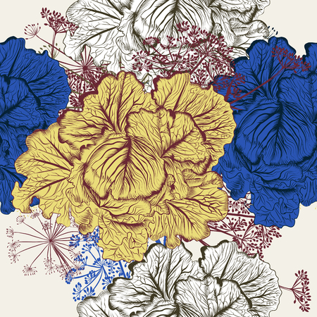 Floral food pattern vector vintage style with vegetables cabbageのイラスト素材