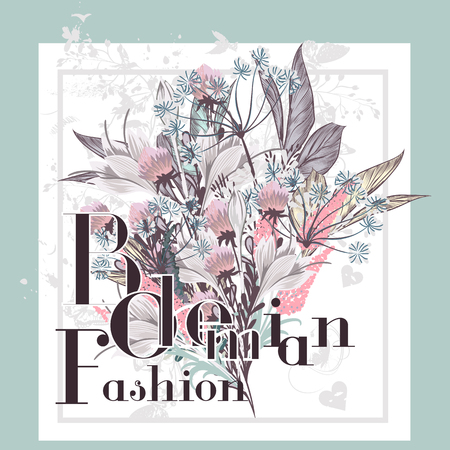 Beautiful print with flowers ideal for T-shirts or greeting save the date cards. Bohemian fashionのイラスト素材