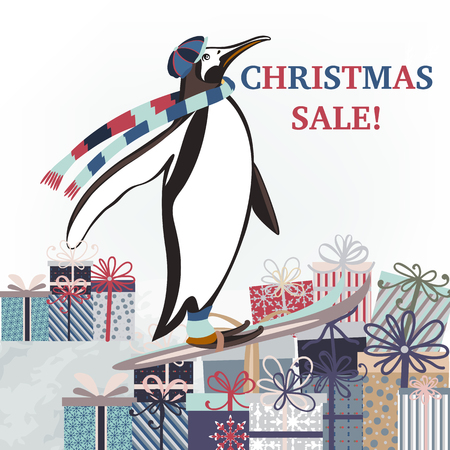 Christmas illustration with penguin and giftsのイラスト素材