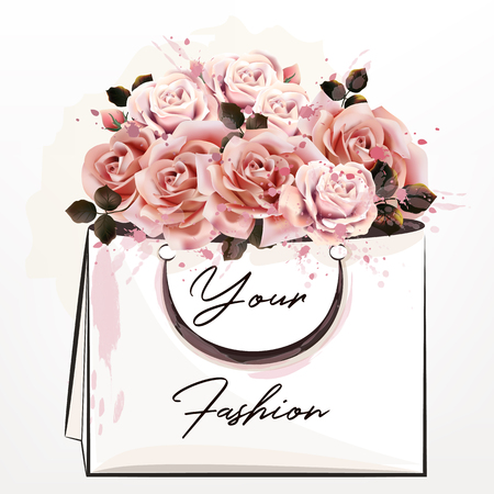 Fashion illustration with pink  roses and shopping packのイラスト素材