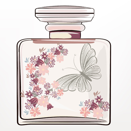 Fashion illustration with pink perfume  bottle and flowersのイラスト素材