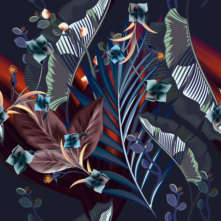Fashion vector pattern with orchids and tropical plants in vintage styleのイラスト素材