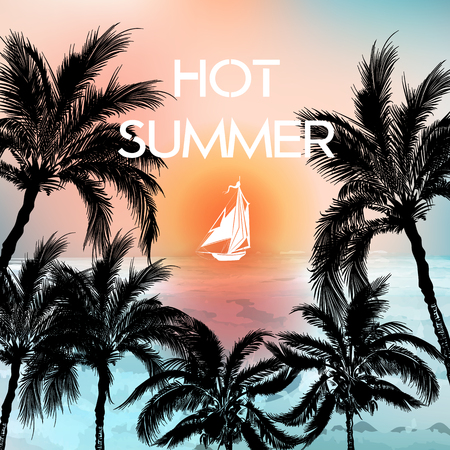 Summer vector illustration. Palm trees, ocean, sunset and shipのイラスト素材