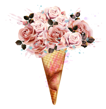 Fashion illustration, print for T-shirt with ice cream from rose flowersのイラスト素材