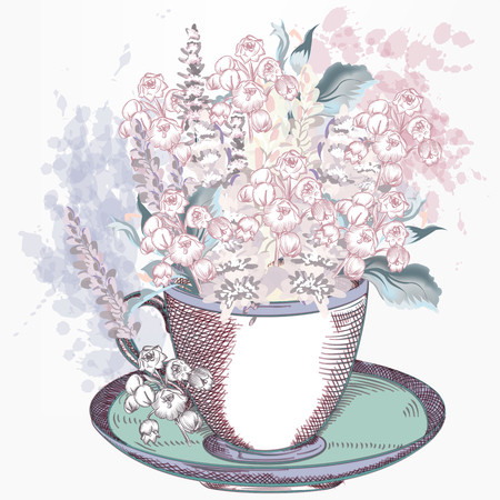 Fashion vector illustration with vintage cup and spring flowersのイラスト素材
