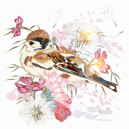 Fashion botanical illustration with vintage vector bird and flowers for designのイラスト素材