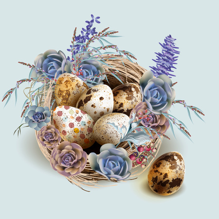 Easter vector vintage card with bird nest and eggsのイラスト素材