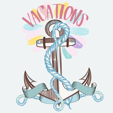 Fashion illustration, spring vacation theme, vector anchor and flowerのイラスト素材