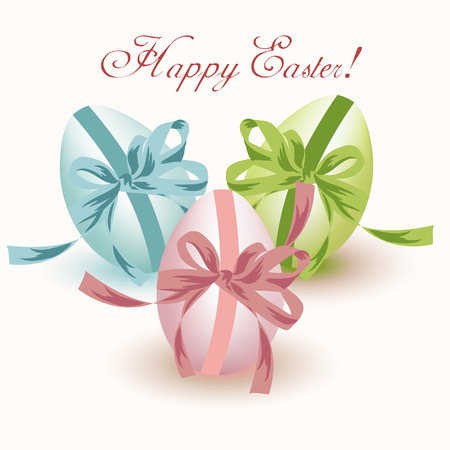Easter eggs isolated on white with bows green, pink, blueのイラスト素材