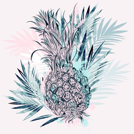 Fashion vector tropical illustration with pineapple and palm leavesのイラスト素材