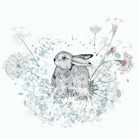 Lovely vector little rabbit with dandelionsのイラスト素材