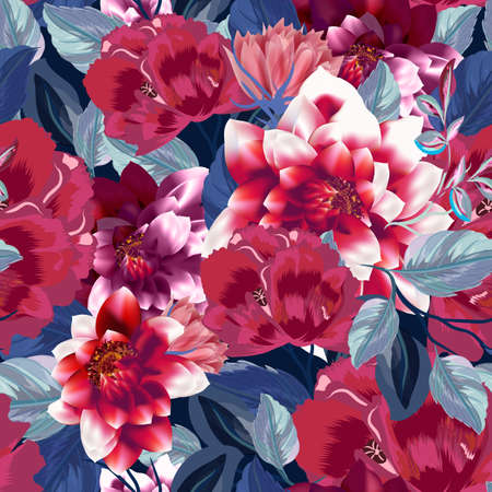 Beautiful vector illustration with poppy flowers, herbs, blue leaves and dahlias flowers in vintage styleのイラスト素材