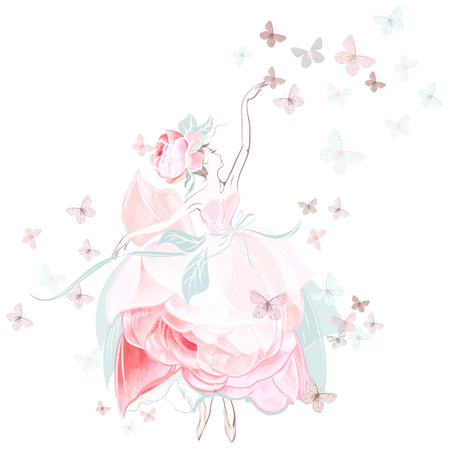 Fashion vector illustration with ballerina dancer in pink rose dress and butterfliesのイラスト素材