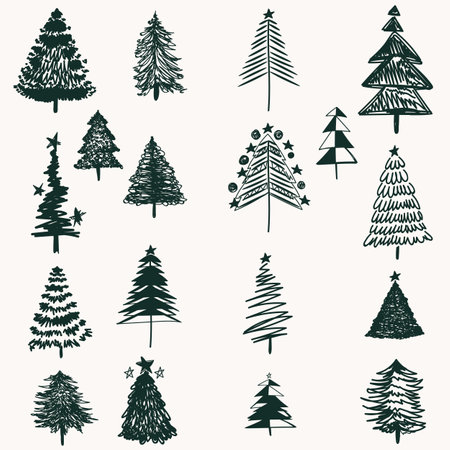 Collection of vector Christmas trees in doodle rustic styleのイラスト素材