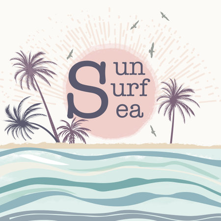 Fashion vector tropical retro poster design with palms, sun and seaのイラスト素材