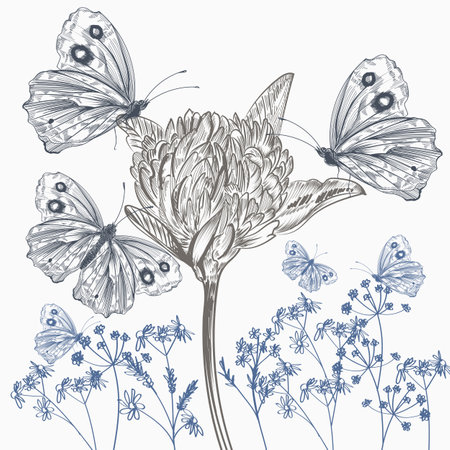 Hand drawn vector clover illustration with butterfliesのイラスト素材