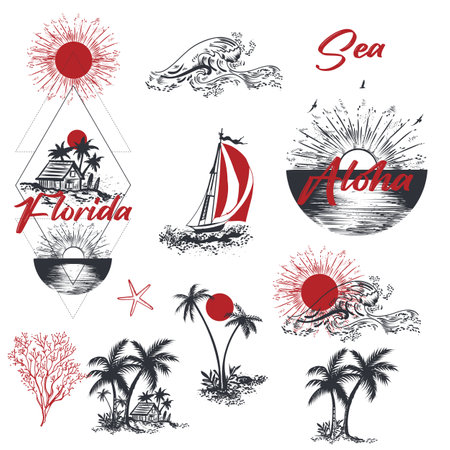 Collection of vector hand drawn vacation labels in vintage tropical styleのイラスト素材