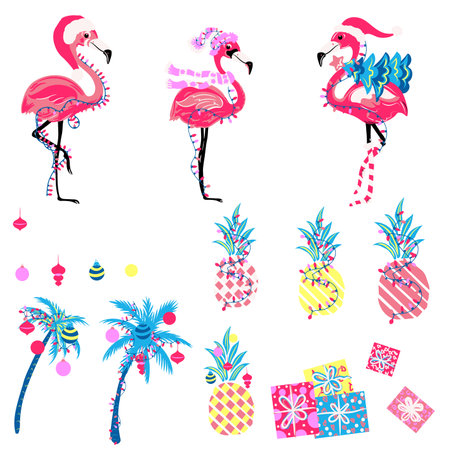 Set of vector cartoon flamingo, palms and pineapples tropical Christmasのイラスト素材
