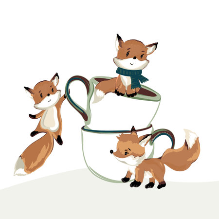 Illustration with cute cartoon foxes playing near coffee cupのイラスト素材
