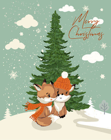 Cute Christmas vector illustration card with pretty foxes and Christmas treeのイラスト素材