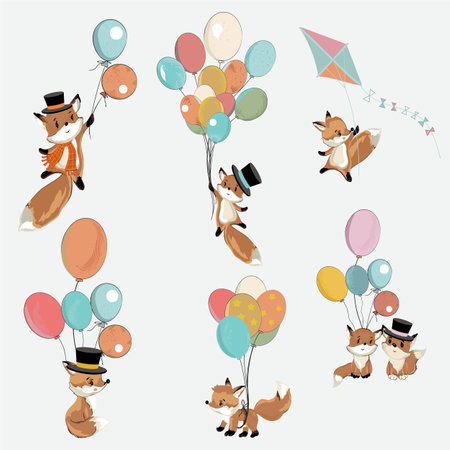 Collection of vector cute foxes in lovely cartoon childish style with air balloonsのイラスト素材