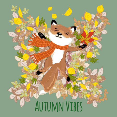 Autumn theme cute illustration with pretty fox kid playing in leavesのイラスト素材