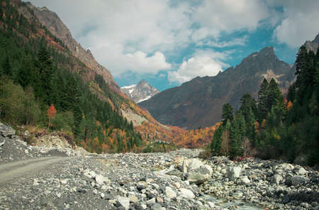 Autumn in Chalaadi glacier, Mestia, Svaneti region, Georgia, Caucasus. Hiking.