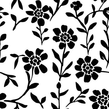 Vector Flowers, Black and White Floral Seamless Patternのイラスト素材