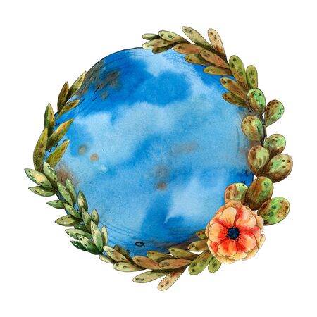 Watercolor hand drawn floral wreath on blue background.の写真素材