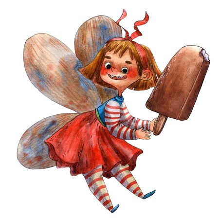 Watercolor cute little fairy. Hand drawn cartoon style of illustration. Little girl. Smiling pixie. Caucasian child. Chocolate ice cream. Fairy tale character. Flying pretty girl. Butterfly kid.の写真素材