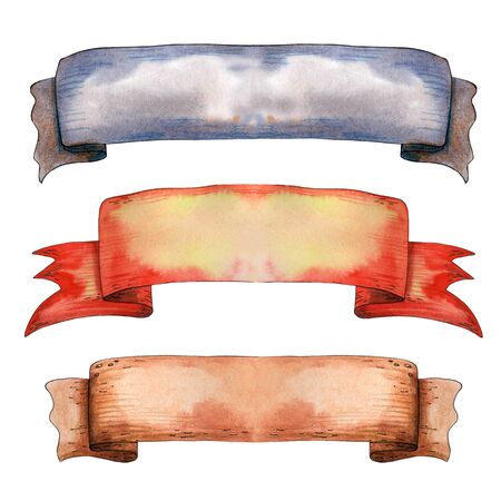 Watercolor hand drawn shaped ribbons. Colored geometric banner. Gradient texture. Retro design. Blue and red borders. Cute ribbons set. Gray and brown ribbon. Cartoon style.の写真素材