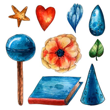 Watercolor girl school set. Red heart. Blue candy. Book ans golden star. Cute summer blossoms. Party items. Cap and lollipop. Sweets and studies. Cartoon style of illustraton. Hand drawn picture.の写真素材