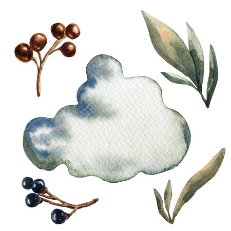 Watercolor botanical illustrations set. Green leaves and golden berries. Wild herbs. Summer bouquet of flowers. Leaves and branches. Classic botany card. Hand drawn illustration. Green elements.の写真素材