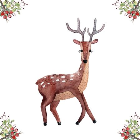 Cute watercolor illustration. Brown deer and bouquet of flowers. Yellow ribbon banner. Forest friends. Cute hand drawn card. Standing deer character. Wild animal. Flowers and branches. Red berries and green leaves. Autumn forest.の写真素材